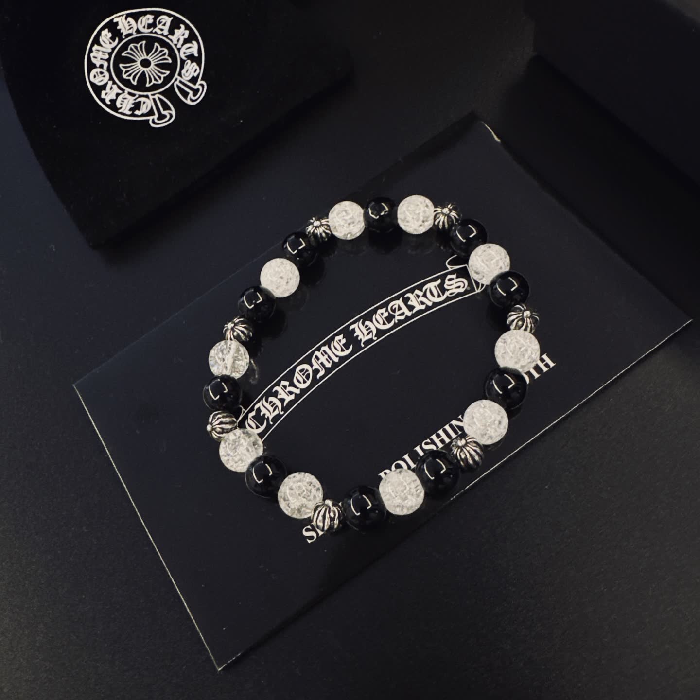 Chrome Hearts Hearts Silver and Black Beaded Bracelet
